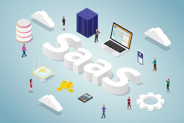 premium vector saas software as a service business concept with big word and server database computer app website with isometric modern style